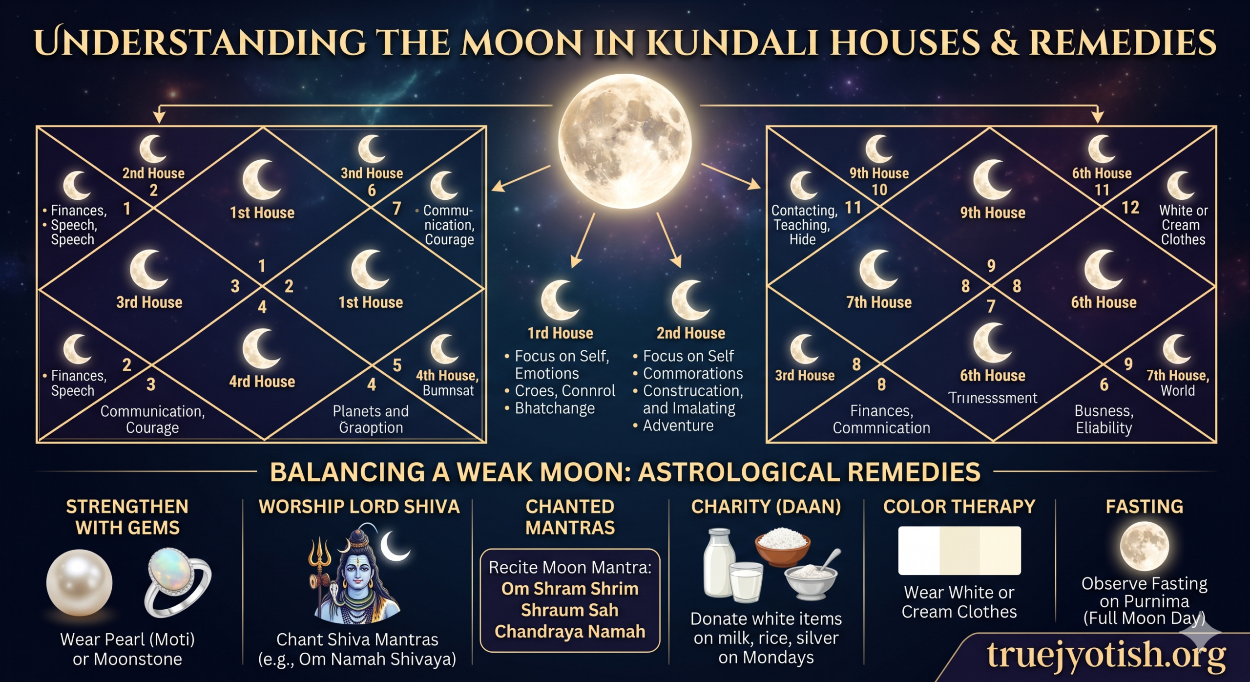 Moon in 12 Houses in Kundali : Remedies for weak Moon